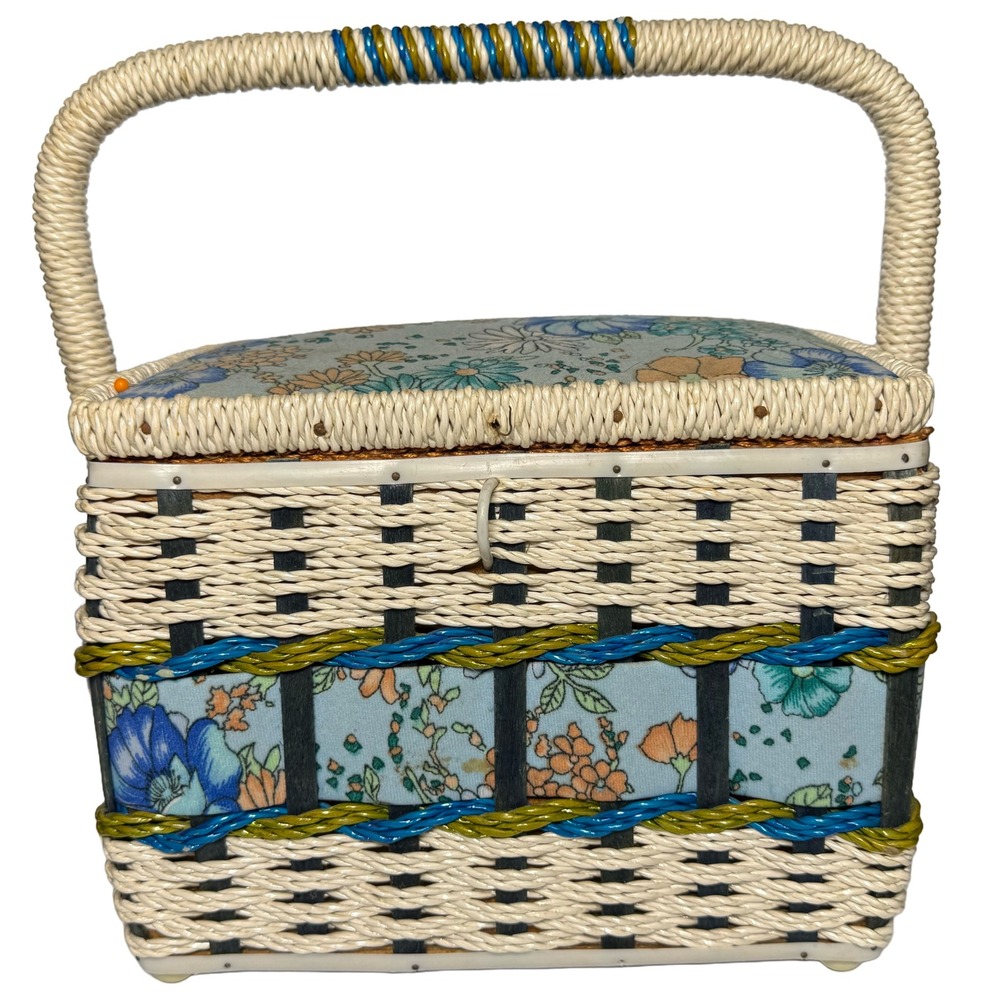 Mid Century Wicker Sewing Basket Floral Fabric Red Satin Lining Cottagecore